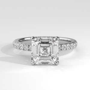Asscher-cut diamond engagement ring with pavé band and hidden halo