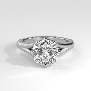 Cushion-cut split shank solitaire engagement ring with geometric gallery