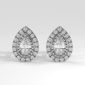 Pear-shaped diamond stud earrings with double round halo in basket setting