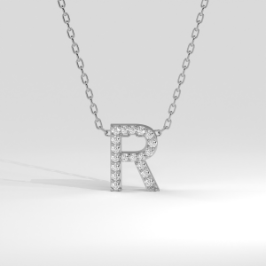 Pavé diamond block letter R pendant necklace on oval link chain